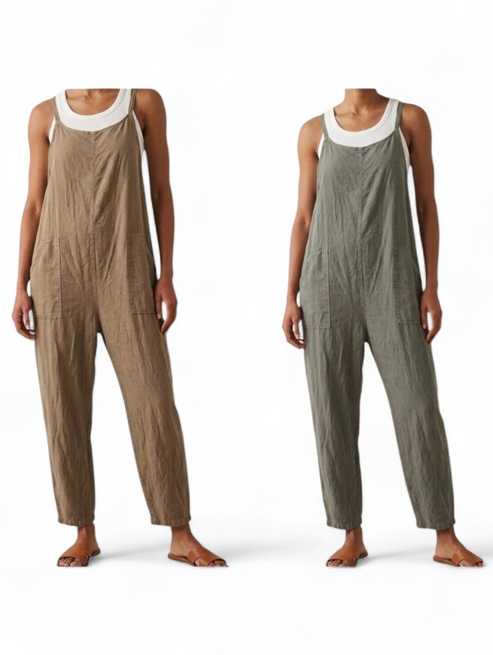 Universal Thread Linen-Blend Relaxed Overalls in Olive and Taupe